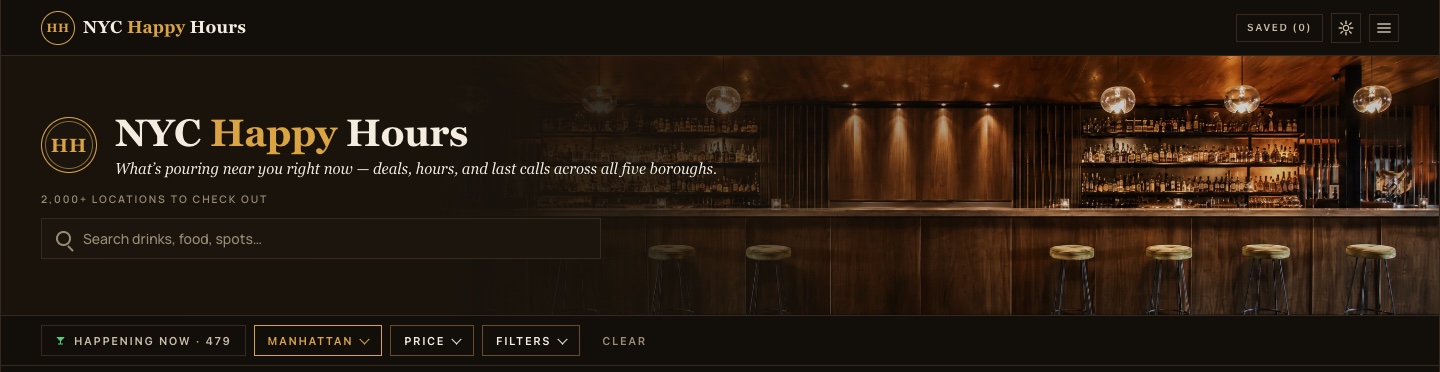 The NYC Happy Hours homepage on desktop: the bar-lit banner, a search field, and filters showing 479 happy hours running in Manhattan.