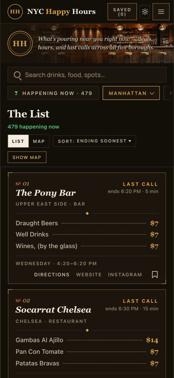 The NYC Happy Hours homepage on a phone: search, filters, 479 happy hours running now, and the first venues with last-call times.